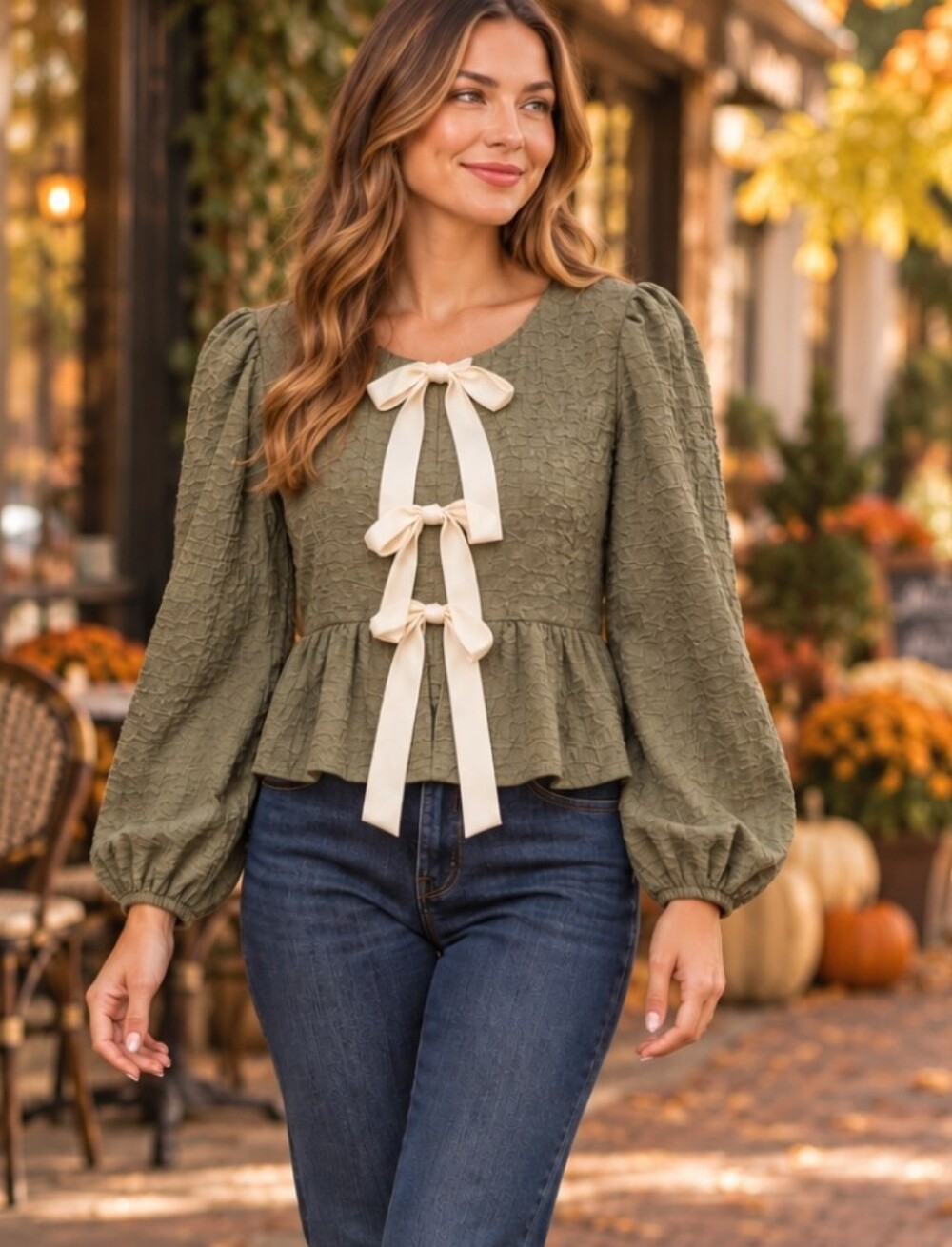 NWT Idem Ditto Camilla Bow Peplum Blouse Olive Coquette Women’s Small